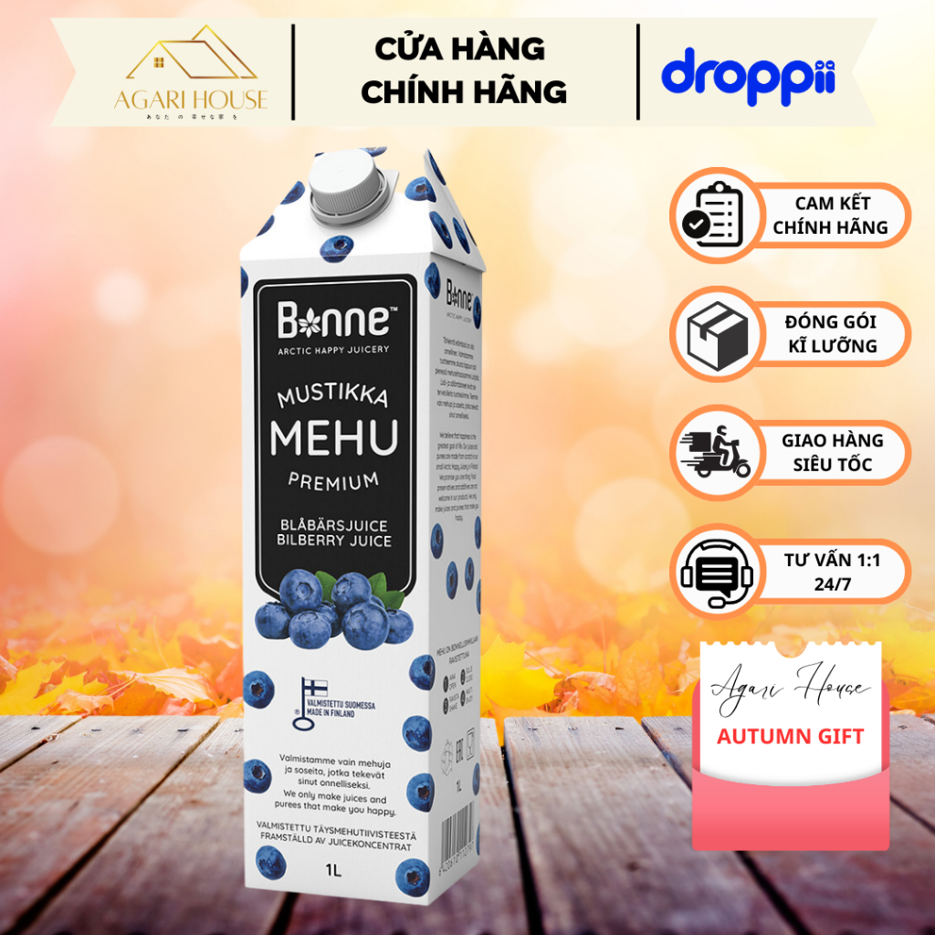 Nước ép việt quất BONNE organic ít đường xuất xứ Phần Lan hộp giấy 1000ml