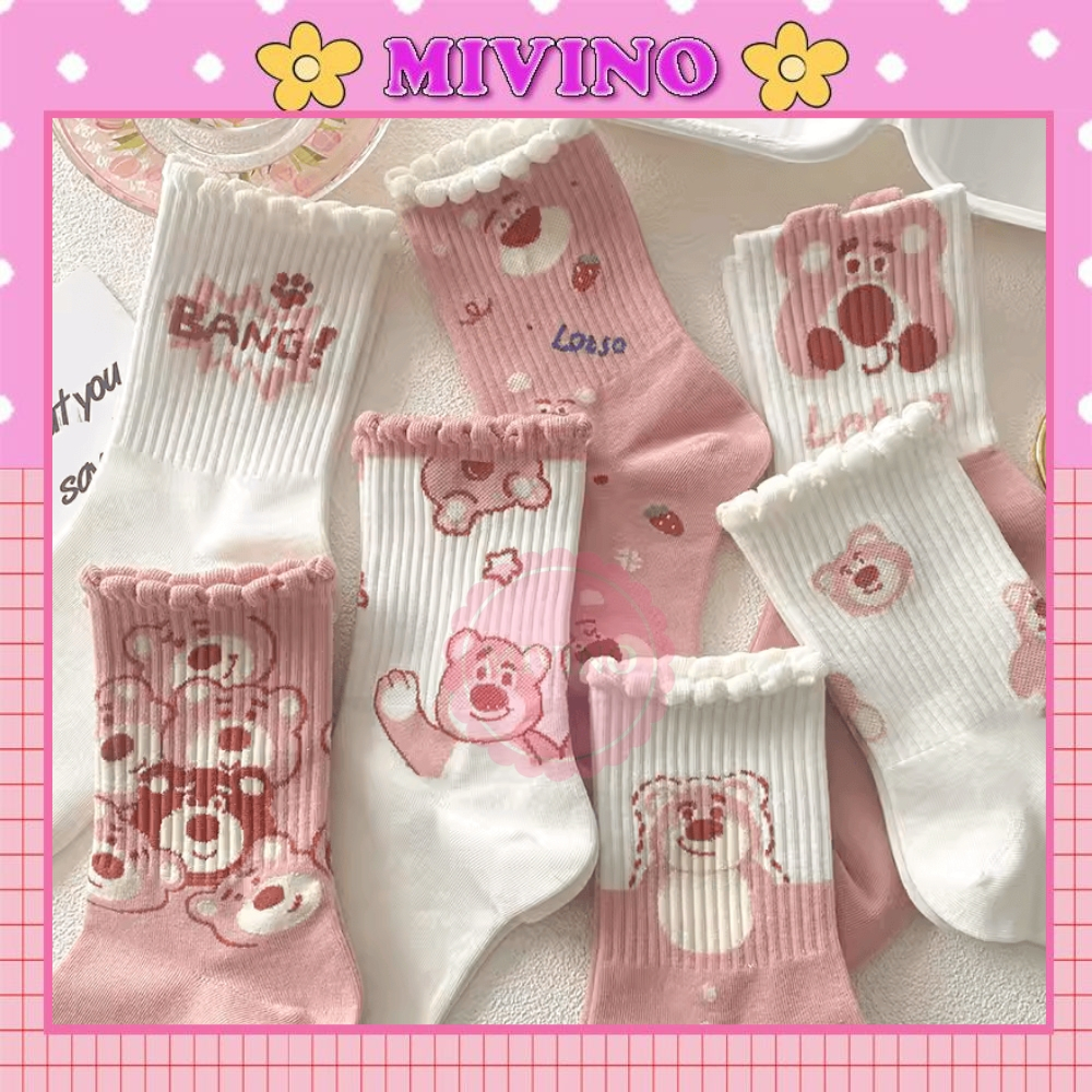 Vớ nữ cổ cao Mivino tất cao cổ họa tiết gấu hồng hoạt hình dễ thương TN151
