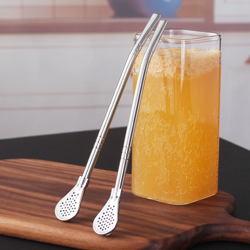 Ống Hút Đa Năng 2in1 Kiêm Thìa Lọc Trà Inox Không Gỉ Cán Dài (Bạc) 88411 HOANGXUANVP88