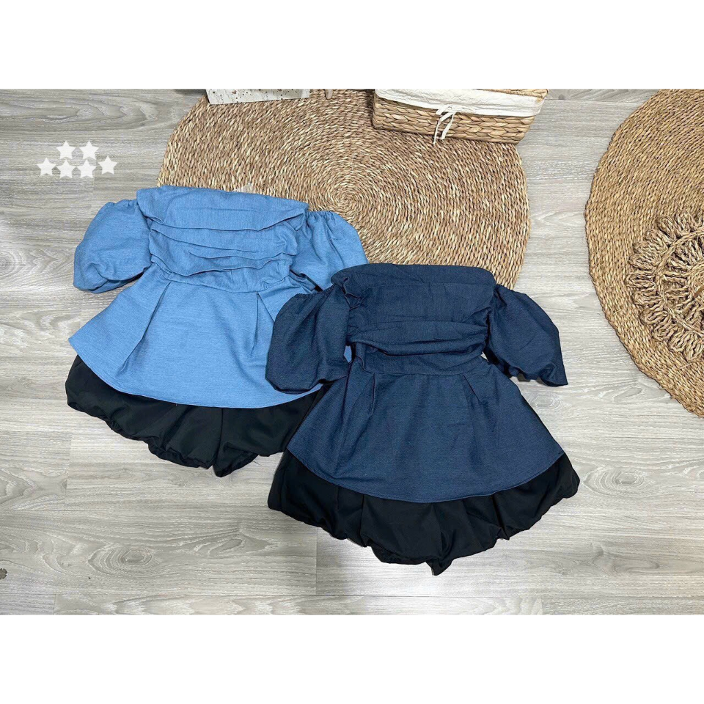 Set bộ đồ nữ áo trễ vai tay phồng xòe đuôi cá mix quần bí diện đi chơi xinh xắn, cute với 2 tone màu xanh sáng da