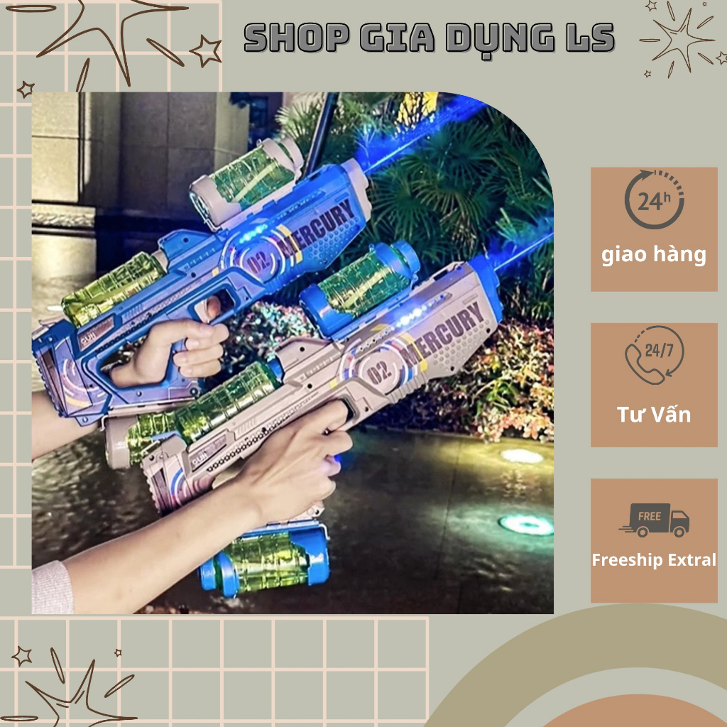 Đồ Chơi Cho Bé Súng Nước Tự Động Pin Sạc, Súng Bắn Nước Đồ Chơi Trẻ Em Kèm Đèn Led