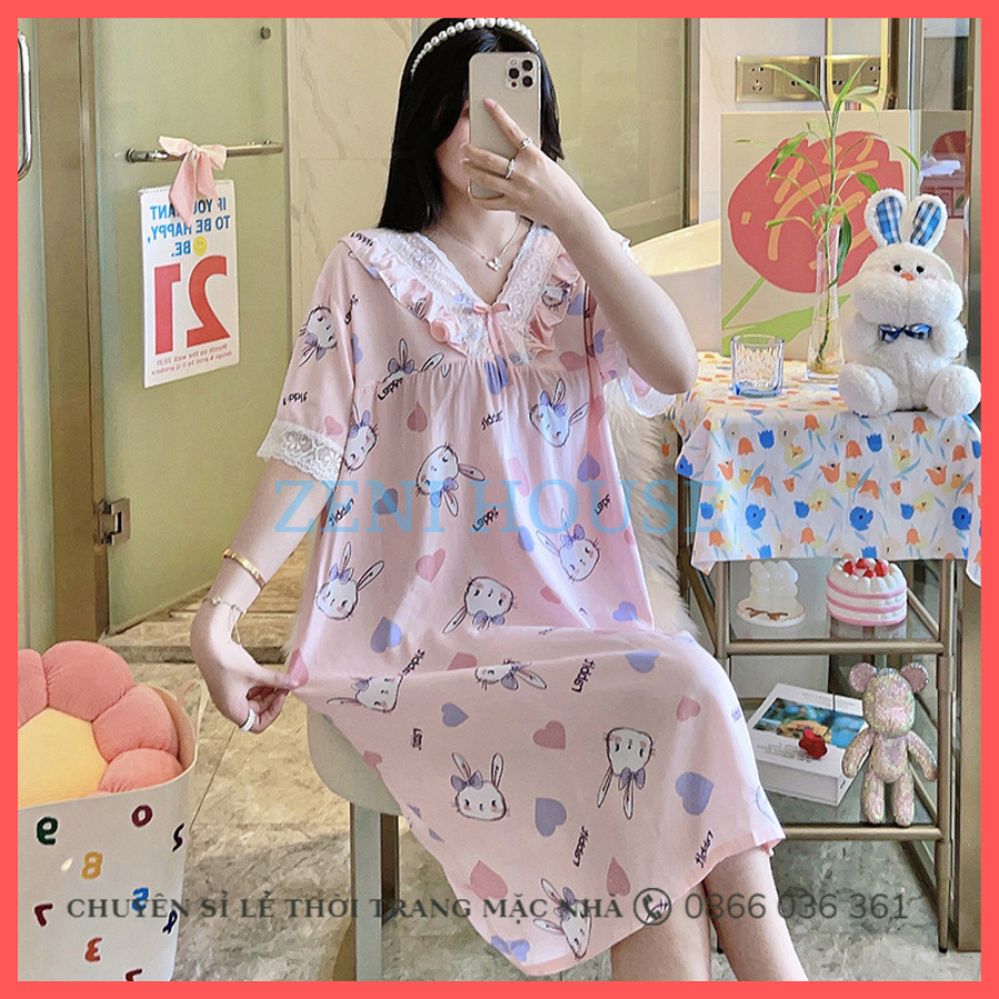 Váy lanh, váy ngủ ngắn tay chất lanh lụa Quảng Châu mềm mát, đầm mặc nhà freesize