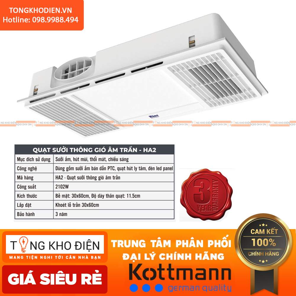 Quạt sưởi thông gió, hút mùi, thổi mát, có đèn LED chiếu sáng, điều khiển từ xa Hans HA2 4 trong 1