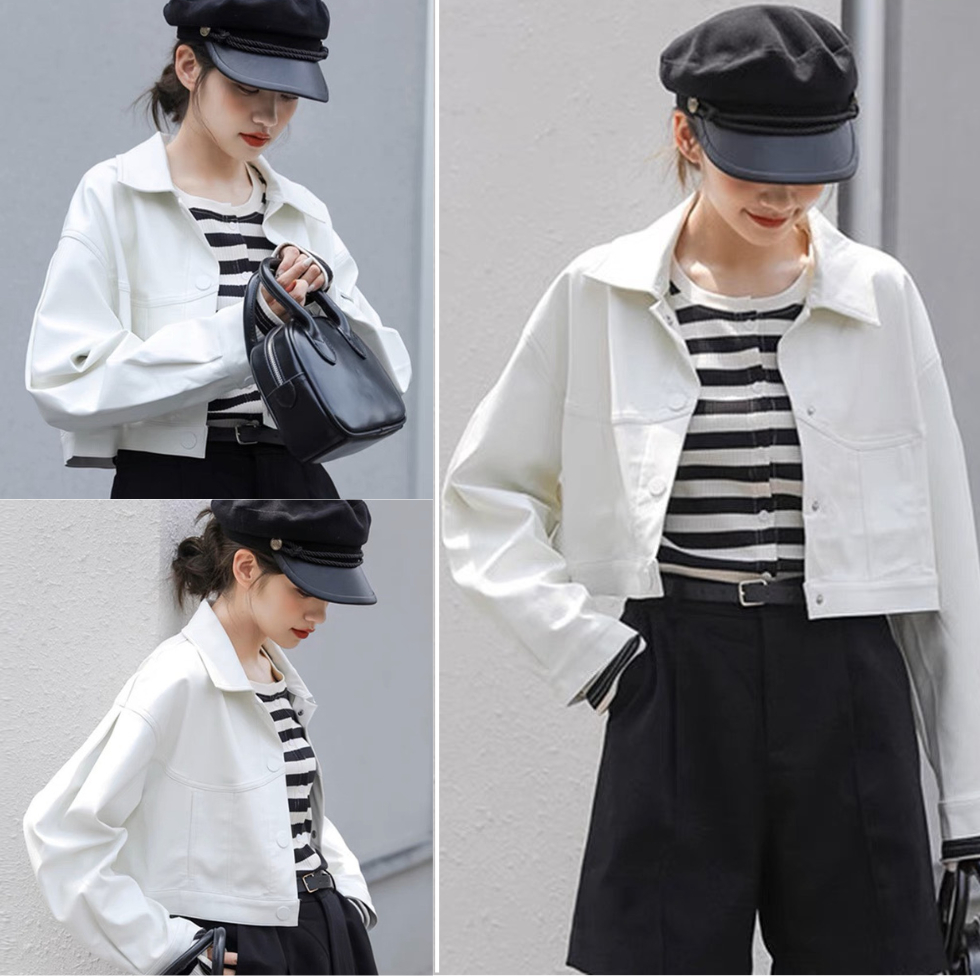 Áo khoác da nữ croptop màu trắng, áo khoác da dáng ngắn phong cách cá tính trẻ trung phong cách Hàn Quốc