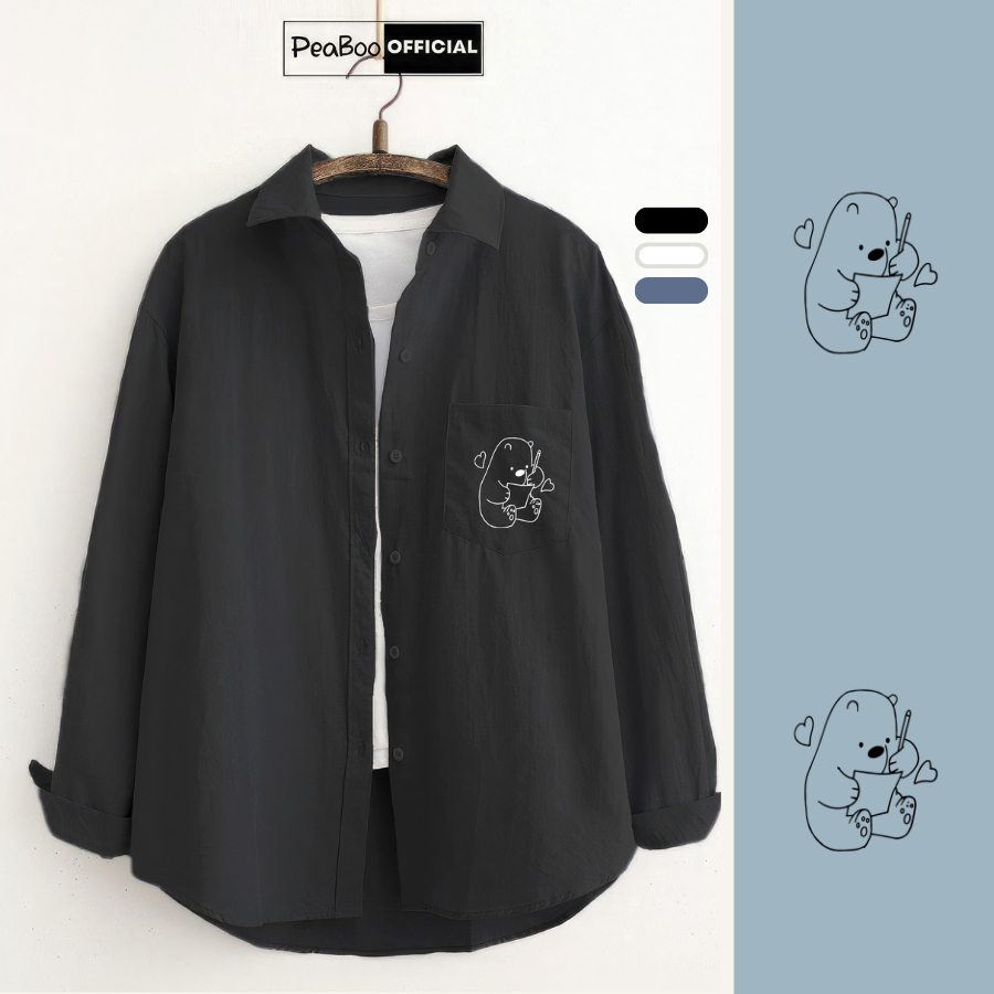 Áo Sơ Mi Nữ, Sơ Mi Nam Nữ Dài Tay Unisex By PEABOO Mã SM In hình Gấu Study Chất Đũi Xước Có Túi Ngực Form Rộng