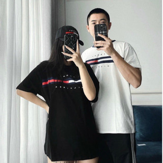 Áo phông họa tiết kẻ ngang in chữ tom.my - áo thun họa tiết kẻ ngang unisex nam nữ