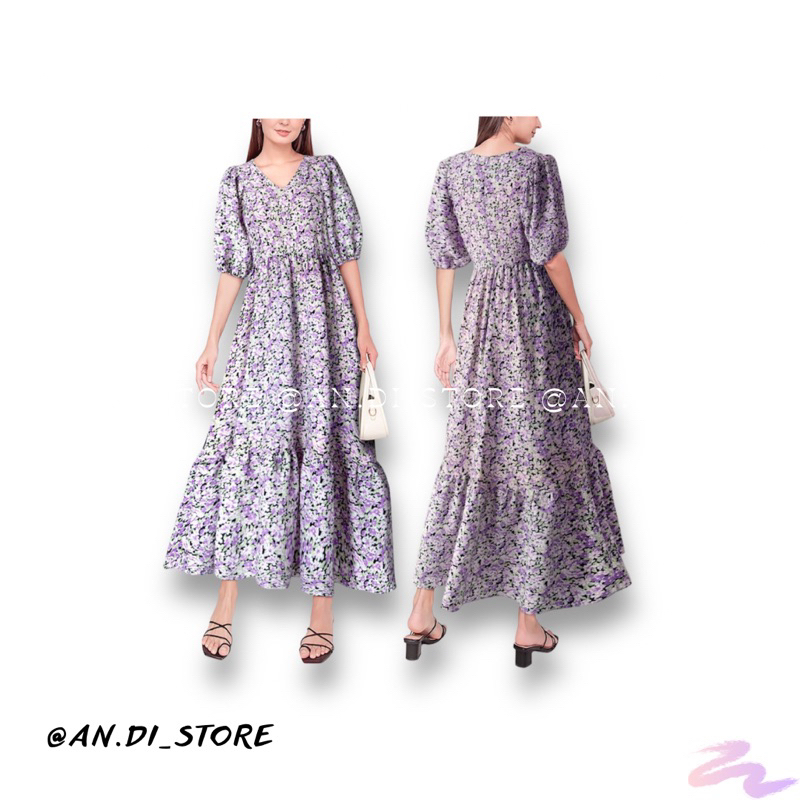 AnDi.vnxk Đầm bông tím nhỏ suông rộng tay phồng TK
