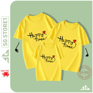 Áo gia đình Happy Time thun cotton mềm mịn màu vàng nổi bật cho hội nhóm team building GD315VD