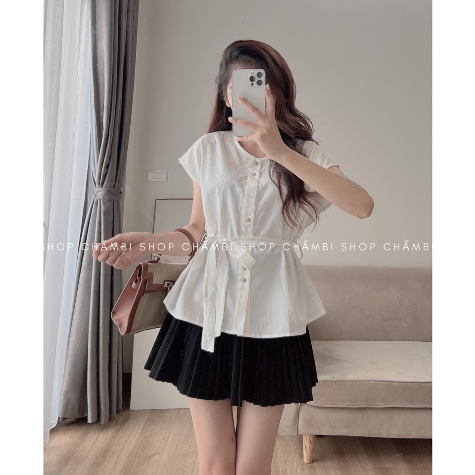 Áo sơ mi nữ A.507, Áo kiểu tay hến thắt nơ eo cách điệu phong cách Hàn Quốc - Shop Chấm Bi