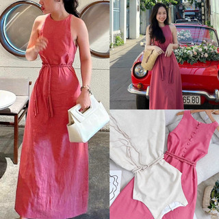 Đầm linen sát nách dây tết nút sau dáng midi xoè