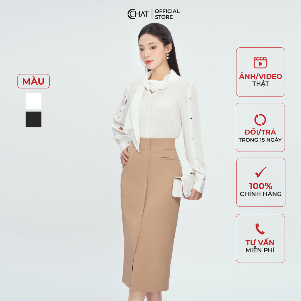 Áo Kiểu Nữ 𝐂𝐂𝐇𝐀𝐓 Cổ Vát Tà 1 Bên Dáng Suông Chất Chiffon Cao Cấp 53ADH2011ST