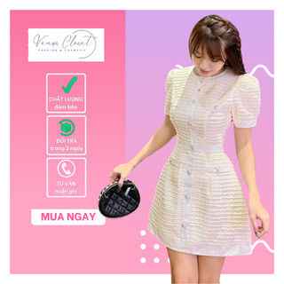 Đầm dự tiệc xốp dáng chữ A phối nút tay phồng Freesize Venus Closet - SR175