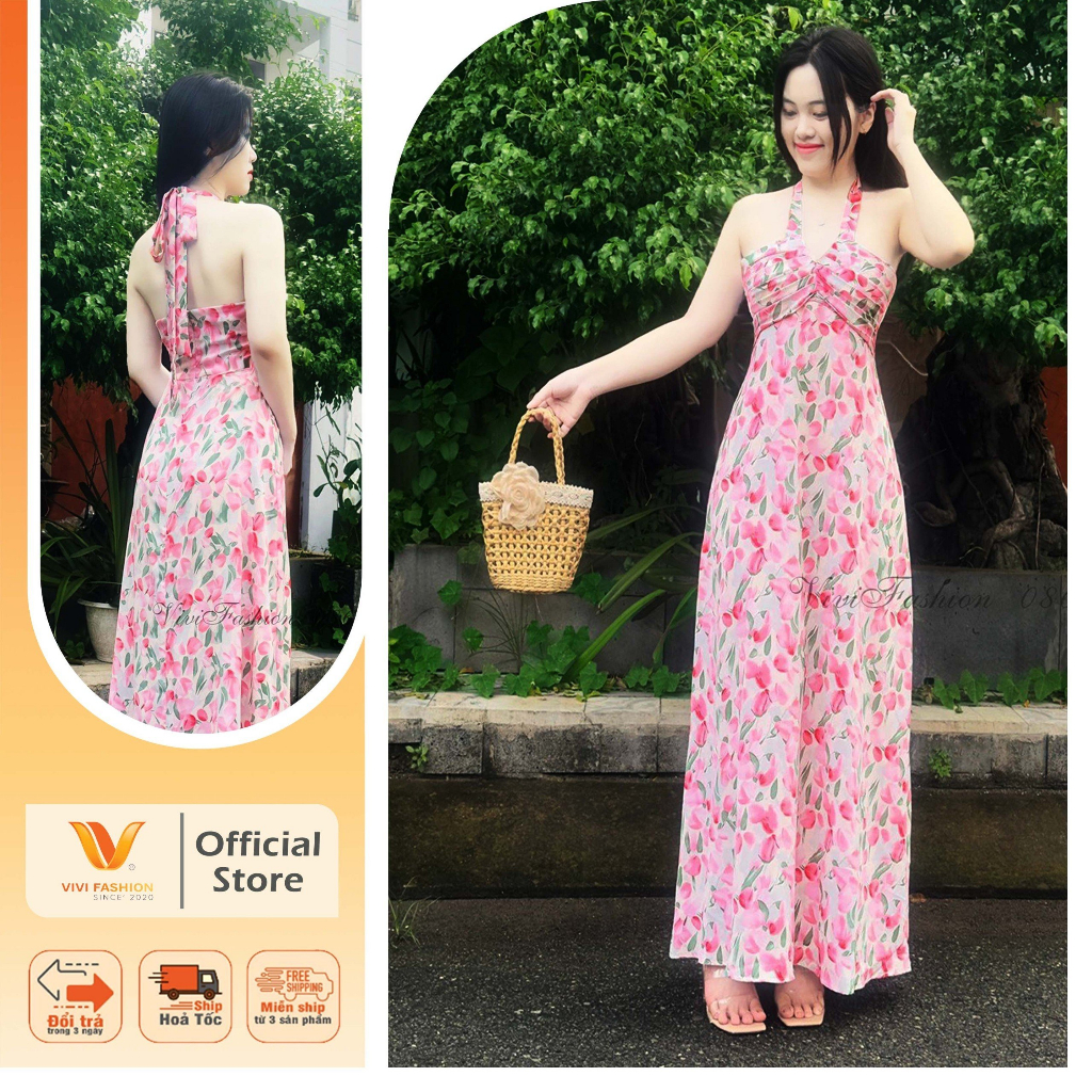 ĐẦM MAXI CỔ YẾM XẾP LY NGỰC CÁCH ĐIỆU - ĐẦM MAXI DÁNG DÀI CỔ YẾM DU LỊCH BIỂN