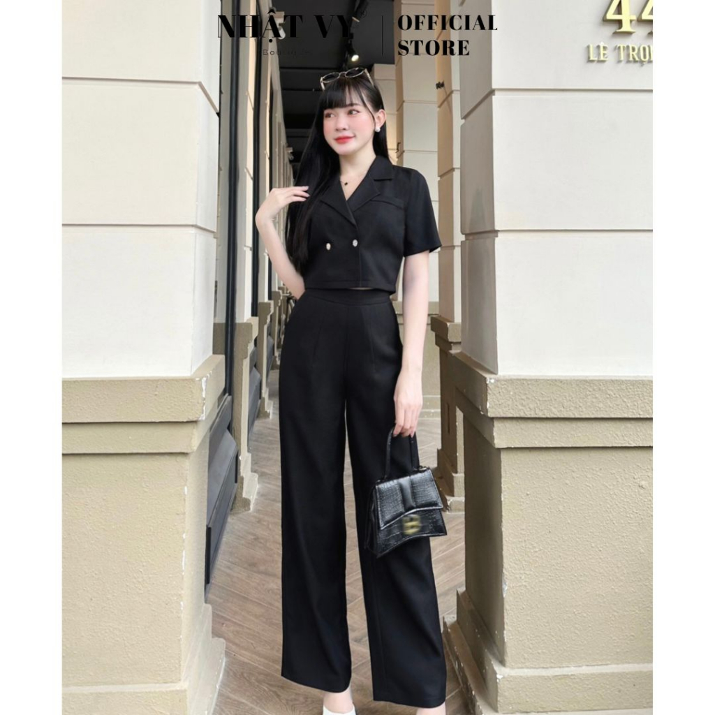 Set áo cổ vest Nhật Vy phối quần dài dáng suông chất lụa sọc gân phù hợp đi chơi cafe sang chảnh - D2840