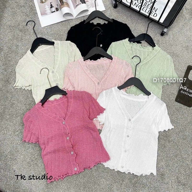 Áo len tay ngắn phối nút hàng QC! transstore