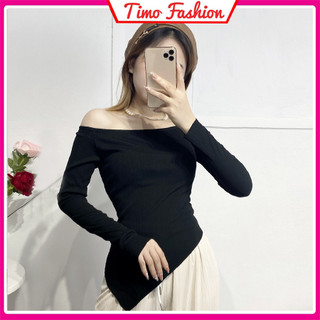 Áo trễ vai,áo vạt chéo xẻ tà dài tay nữ thời trang đi chơi, đi tiệc, chất liệu tăm thái mềm mại AOT76