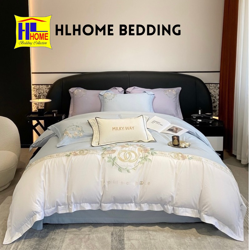 Bộ chăn ga lụa thêu hoa Nguyệt quế HLHOME mềm mại, bóng mịn,sang chảnh
