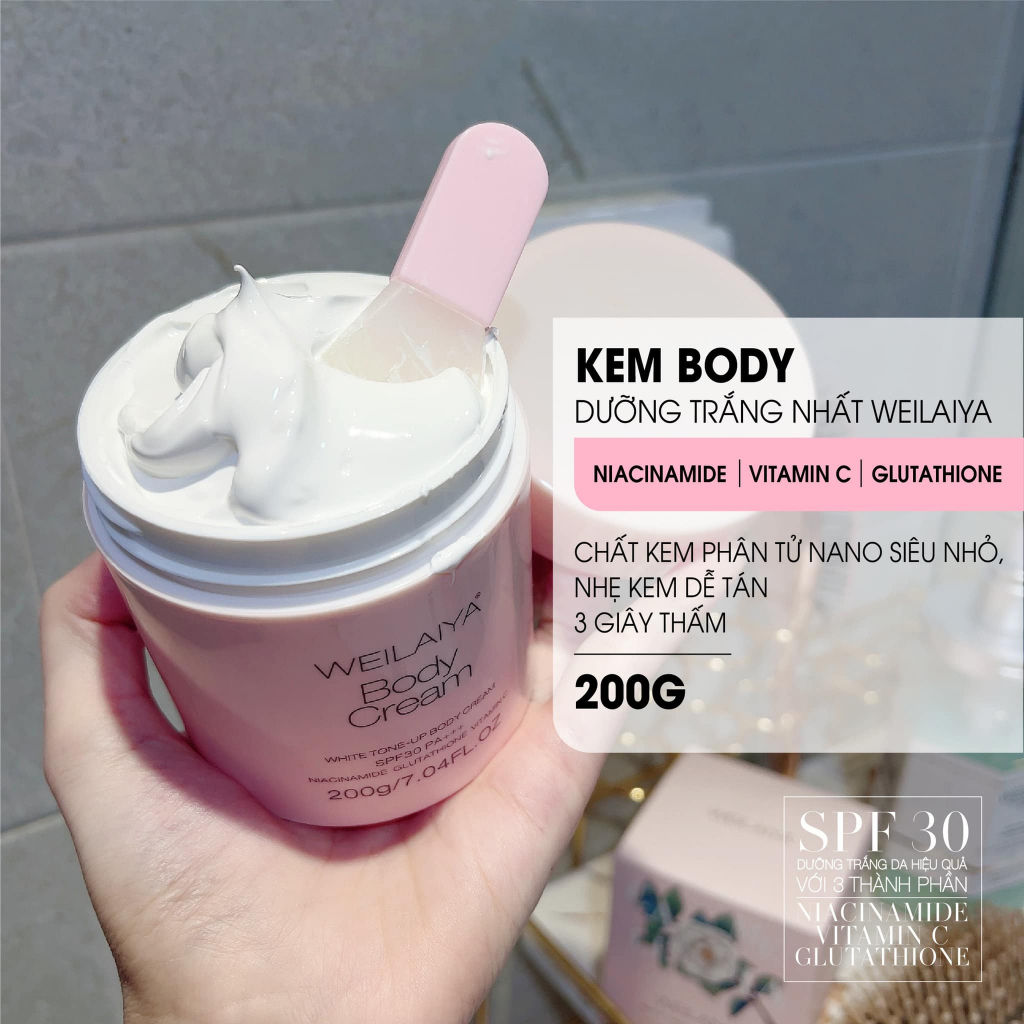 Kem Body Weilaiya Dưỡng Trắng Da Nâng Tone White Tone Up Body Cream SPF30 PA+++ Chính Hãng 200ml