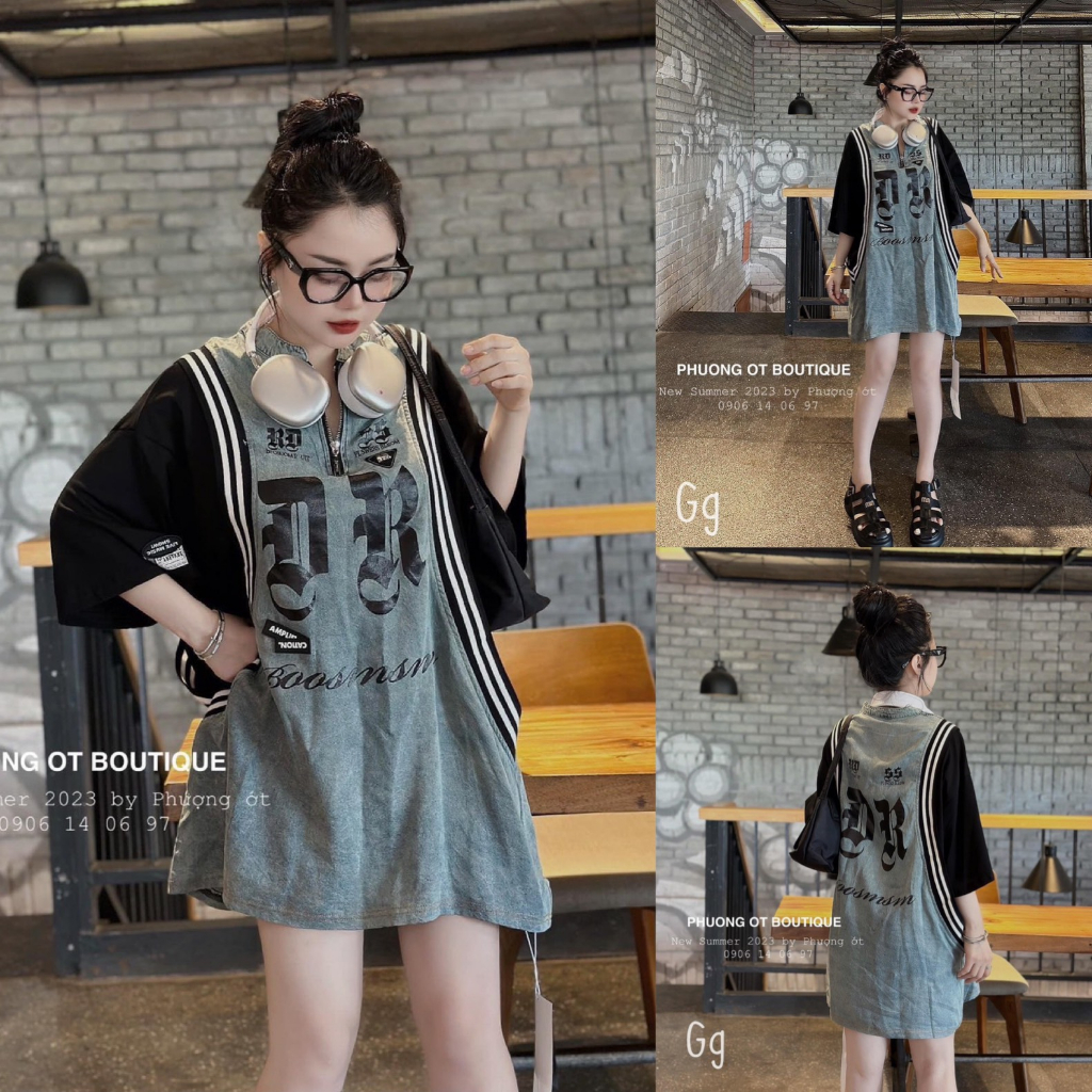 Đầm váy jeans nữ babydoll suông họa tiết chữ phối thân viền cá tính siêu hot cho các nàng teen