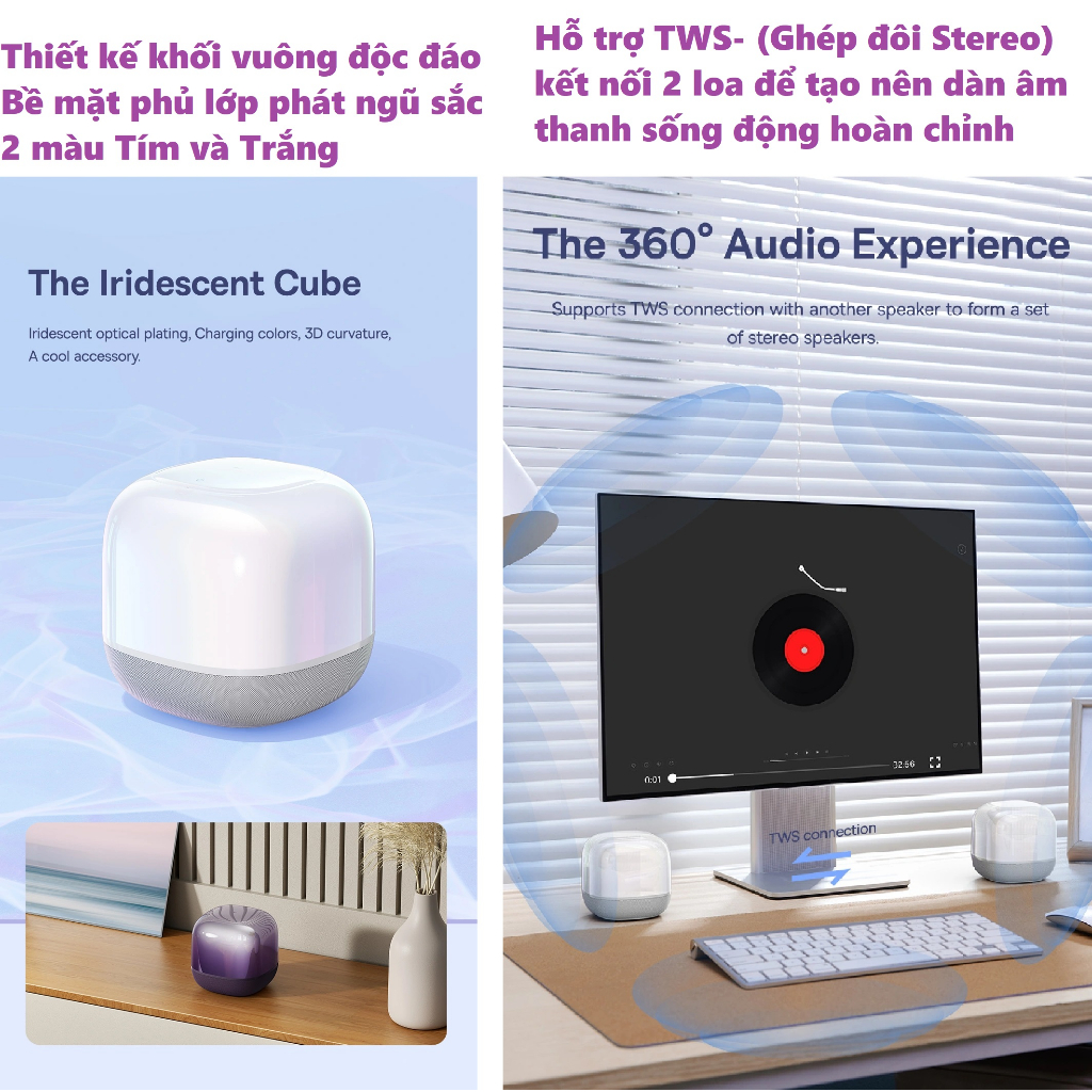 Loa bluetooth TWS khối vuông phát ngũ sắc pin siêu lâu Baseus AeQur V2