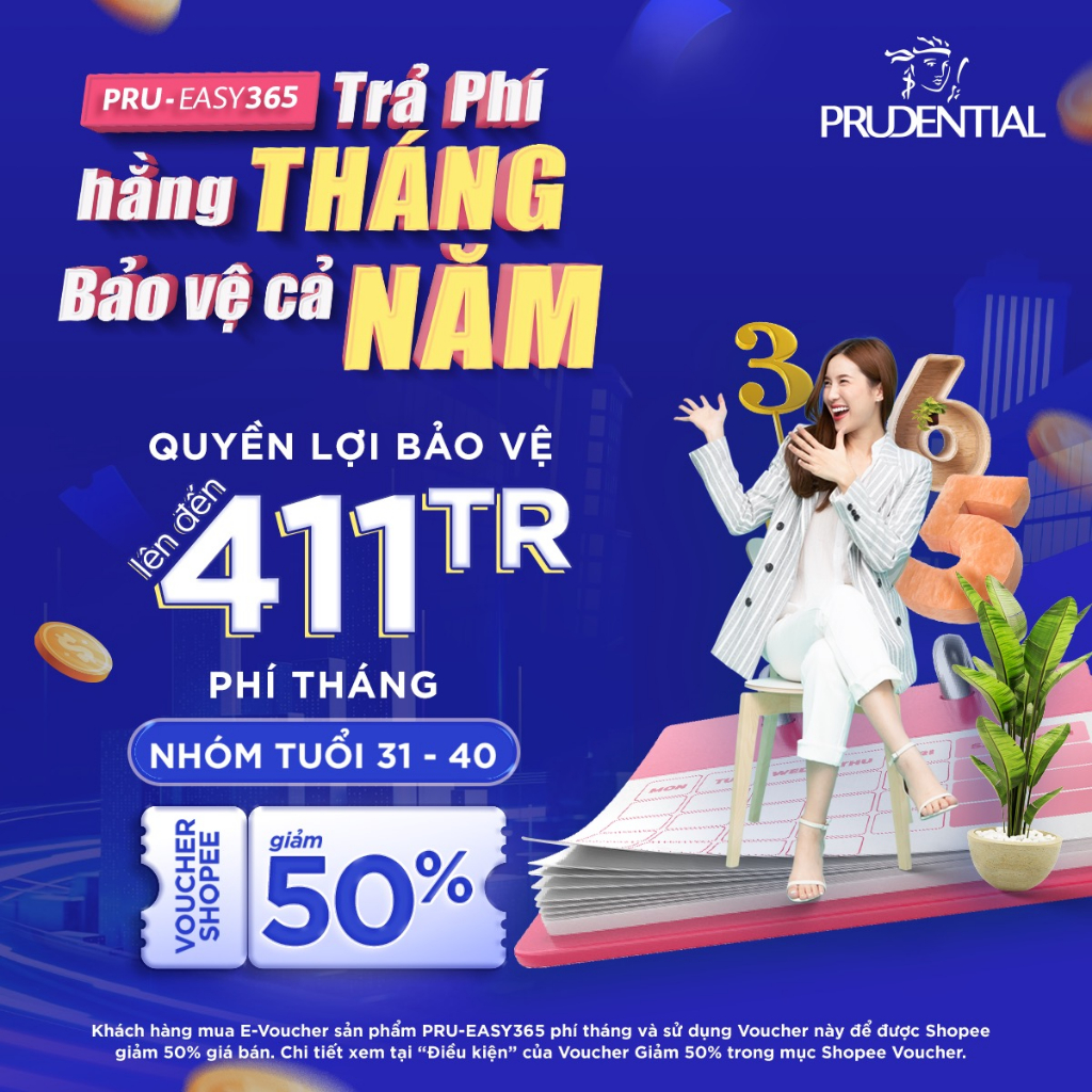 Toàn Quốc [E-Voucher] Prudential - Bảo hiểm PRU-EASY365 phí tháng [nhóm tuổi 31-40]