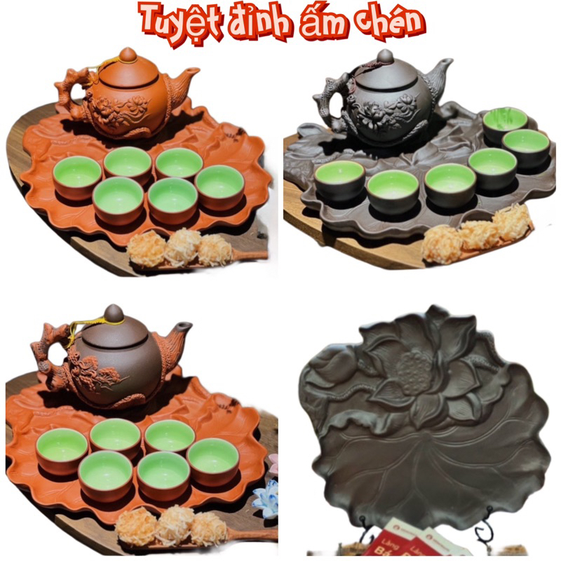 Bộ ấm chén gốm Bát tràng tử sa đất nung đắp hoa S2 khay sen nổi - Dung tích ấm 400ml