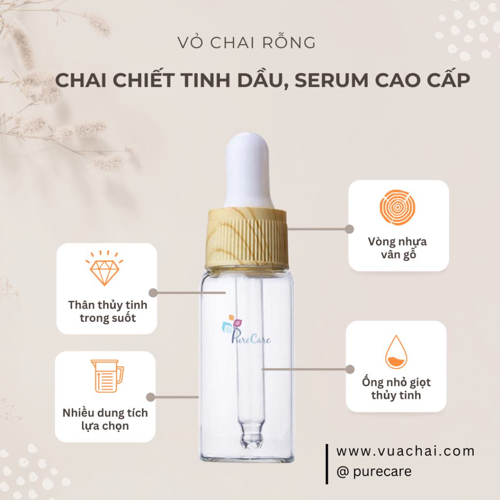 Chai thủy tinh bóp giọt 5ml 10ml nắp vân gỗ, Loại Mỏng, thân trong suốt chiết serum tinh dầu
