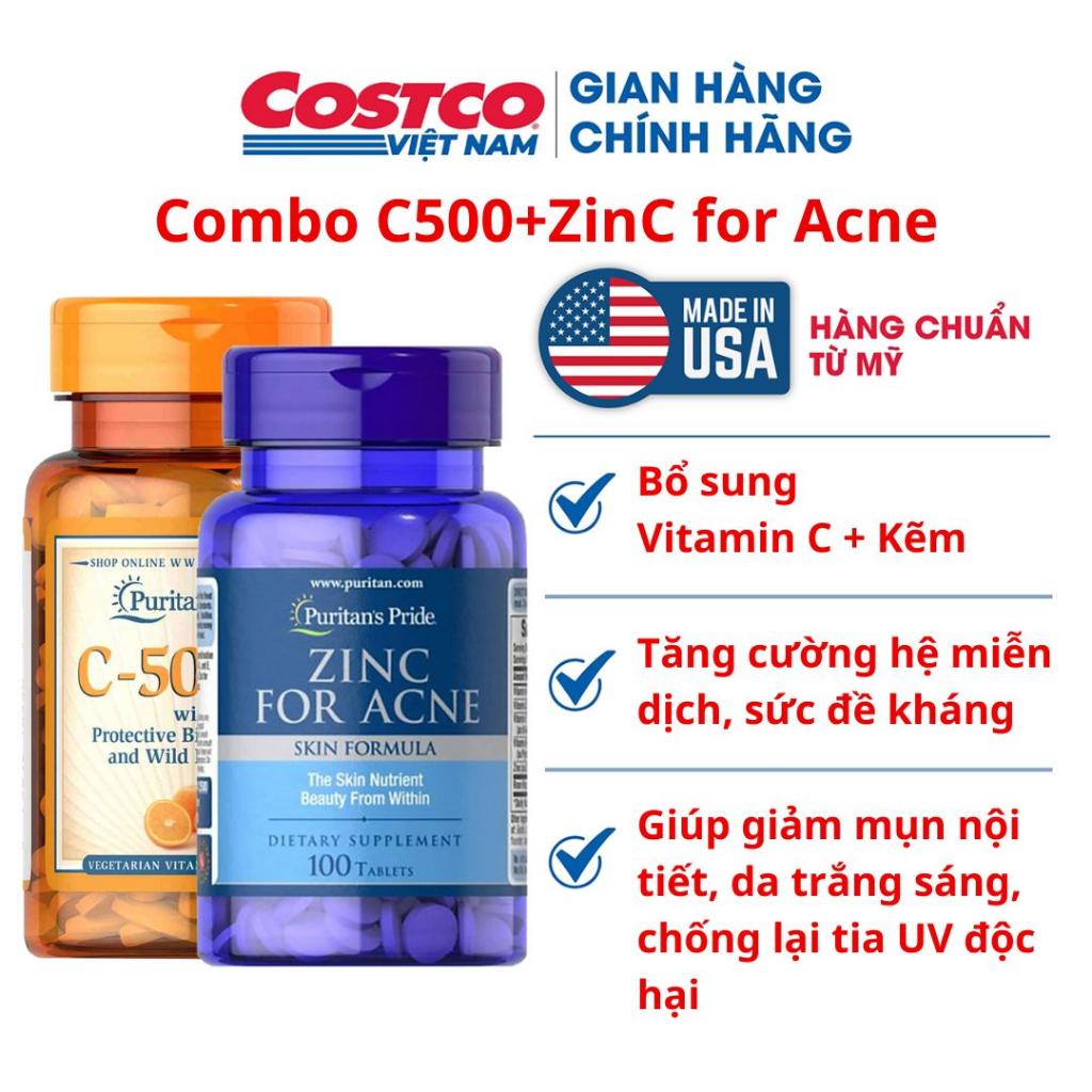 Combo Vitamin C500mg + ZinC for Acne Puritan's Pride giảm mụn, tăng cường hệ miễn dịch, sức đề kháng của Mỹ