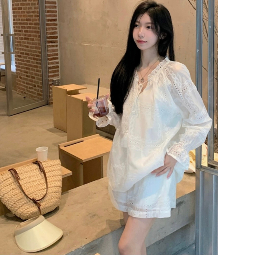 Sét bộ nữ baby doll thêu hoa tay dài kem đen mix quần short ngắn siêu xinh (kèm ảnh thật)