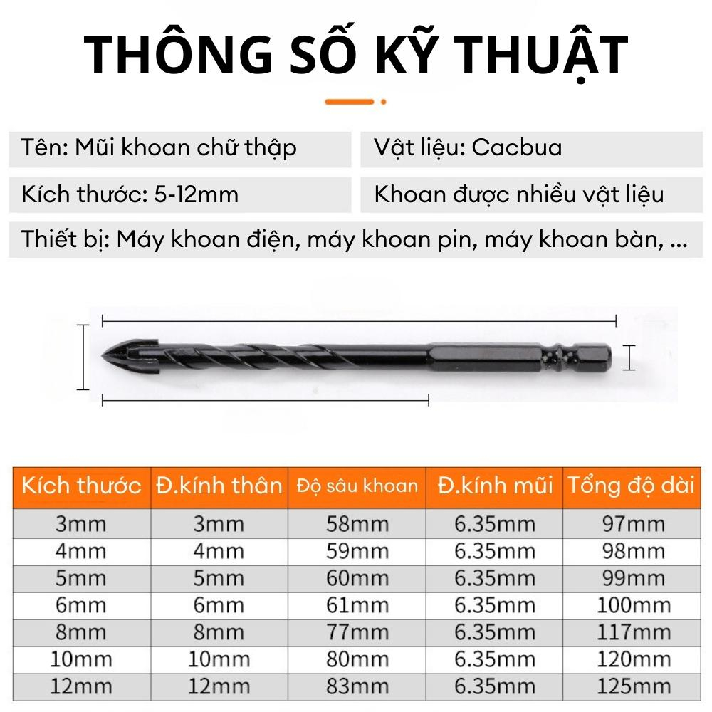 Mũi Khoan Đa Năng 4 Cạnh Chữ Thập Chuôi Lục Giác, Khoan Tường Bê Tông, Đá Hoa Cương, Kính, Gạch Ngói, 5mm-12mm