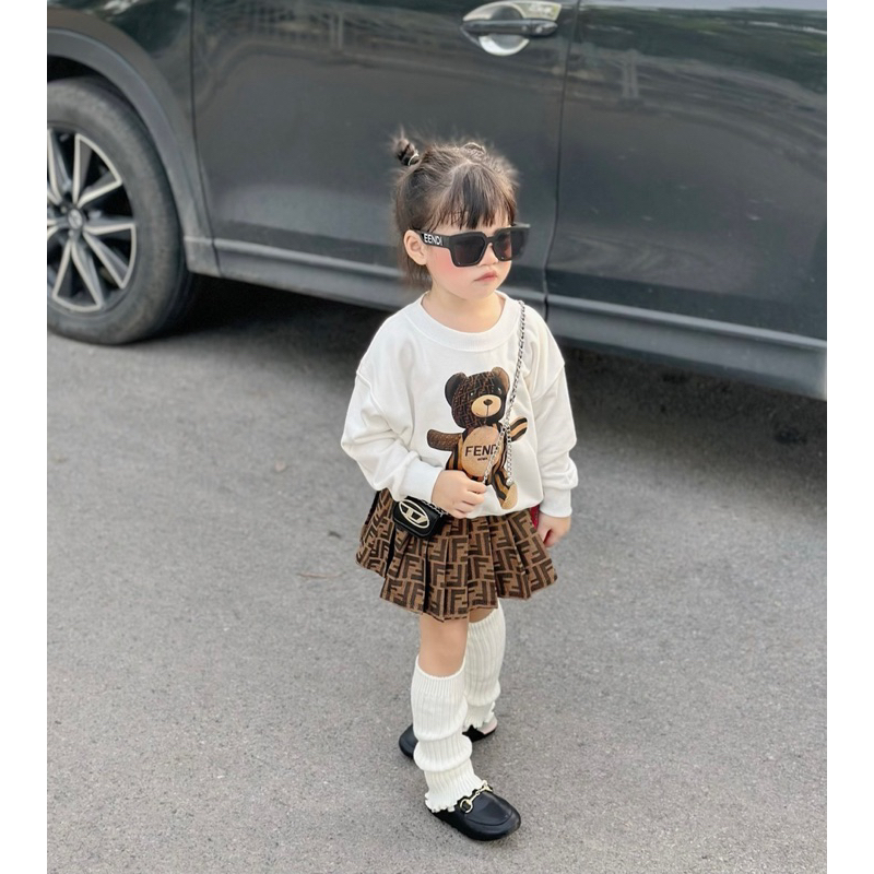 Bộ quần áo nỉ kèm chân váy gấu FD cho bé gái , set áo sweater unisex cho bé , Kid_genz