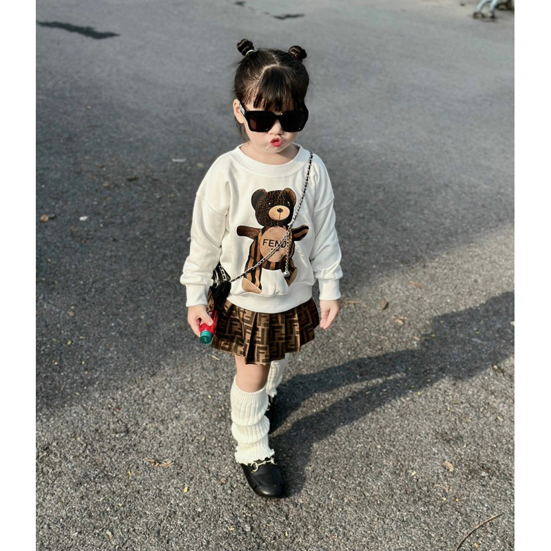 Bộ quần áo nỉ kèm chân váy gấu FD cho bé gái , set áo sweater unisex cho bé , Kid_genz