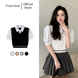 Set áo gile len dáng lửng mix sơ mi trắng ngắn tay from_girls - AL34