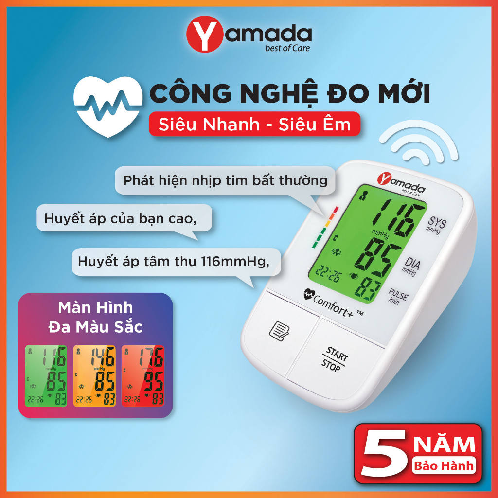 Máy Đo Huyết Áp Điện Tử Yamada bản mới 2023 - Giọng nói tiếng Việt, Màn hình đa màu sắc, Đo siêu nhanh Comfort+