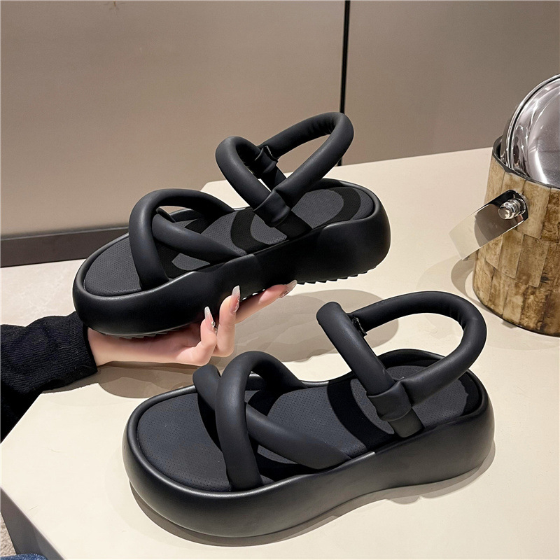 Giày Sandal Nữ Đi Học Đế Cao Quai Chéo Da Xốp Êm Nhẹ Màu Đen, Kem Mới Nhất 2023 giayBOM GB B2876