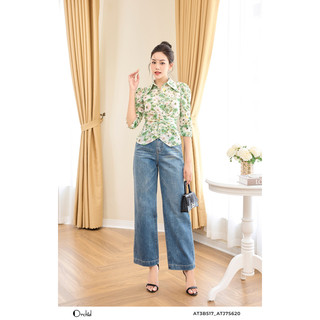 Áo sơ mi nữ thiết kế tơ hoa xanh tay lửng chiết eo Orchid - AT3B517