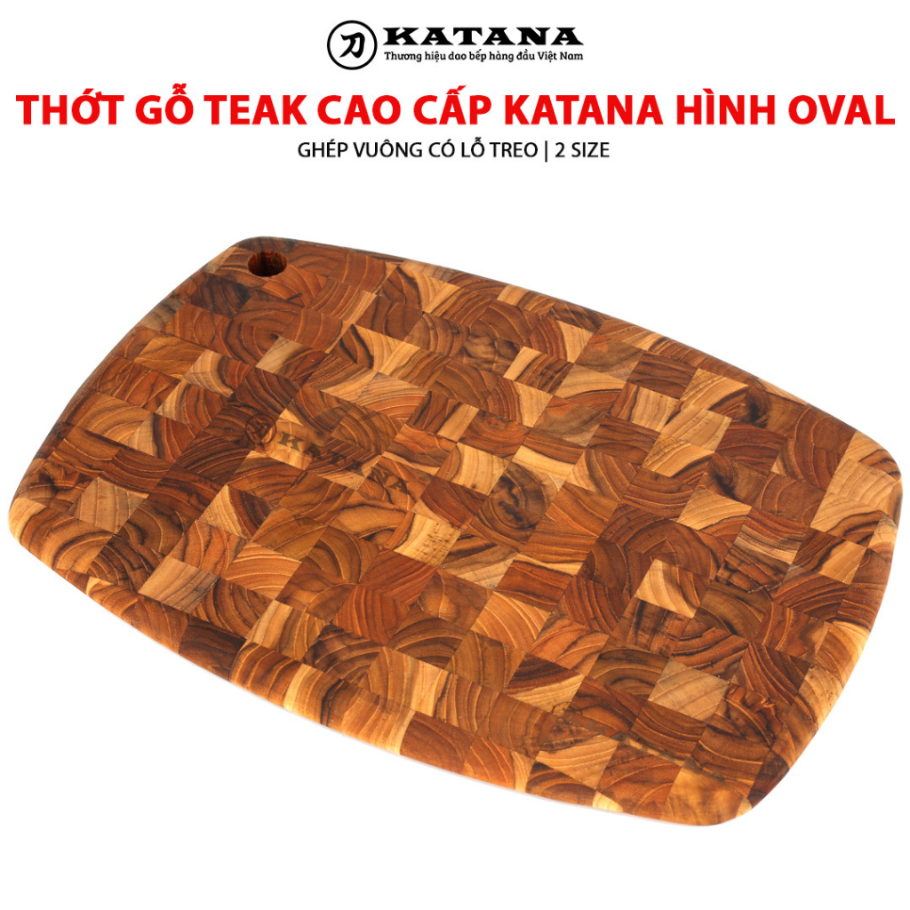 Thớt Teak hình Oval KATANA ghép vuông đầu cây có lỗ treo (2 size)