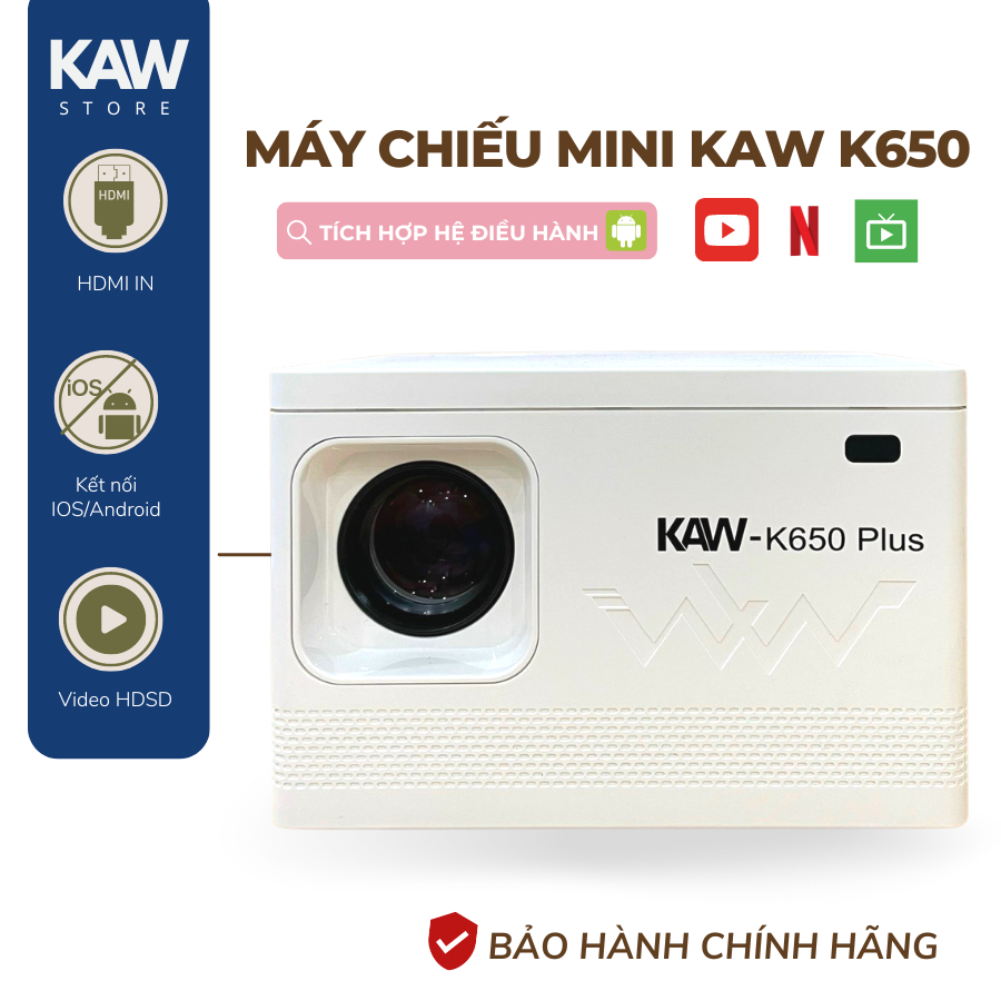 Máy chiếu mini KAW K650 hệ điều hành Androi kết nối điện thoại máy tính bảo hành chính hãng 12 tháng