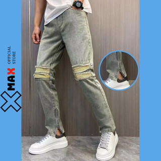 Quần jean nam rách gối khóa zip vá da nhăn XMAX quần bò rách gối ống đứng dáng slimfit B038