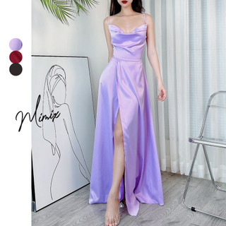 Đầm maxi mimix trơn nữ 2 dây cổ đổ phối xẻ tà sang trọng df3270