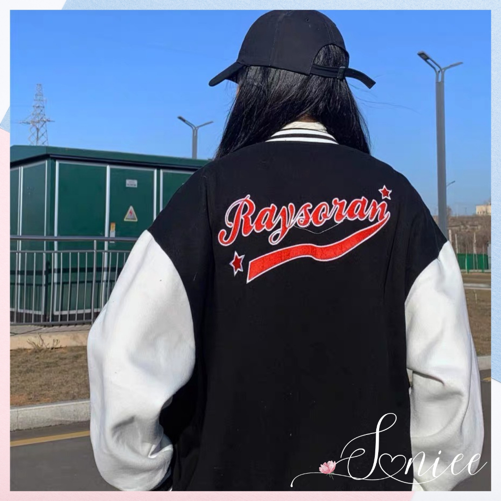 Áo bomber unisex áo khoác nam nữ varsity cúc bấm chất nỉ trơn cao cấp hoạt tiết chữ R thêu nổi form rộng SannieeClothes