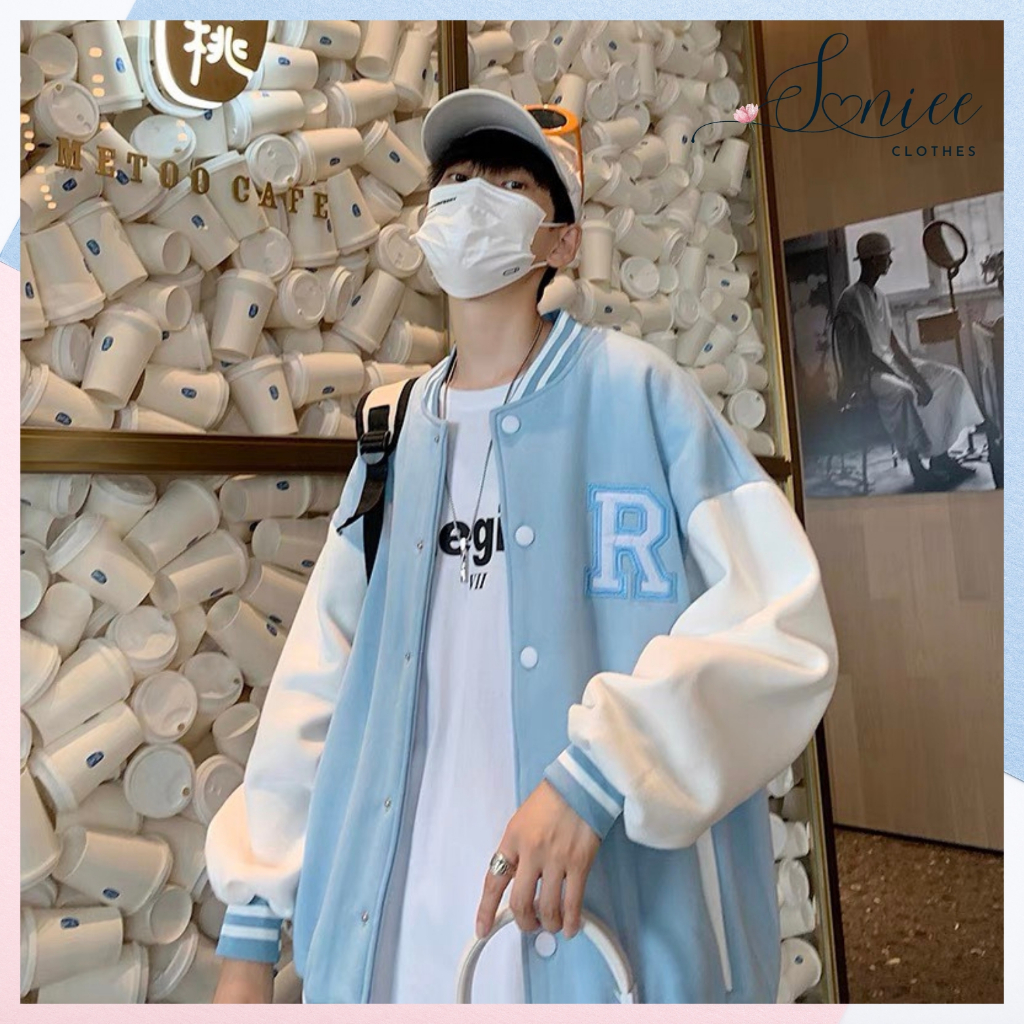 Áo bomber unisex áo khoác nam nữ varsity cúc bấm chất nỉ trơn cao cấp hoạt tiết chữ R thêu nổi form rộng SannieeClothes