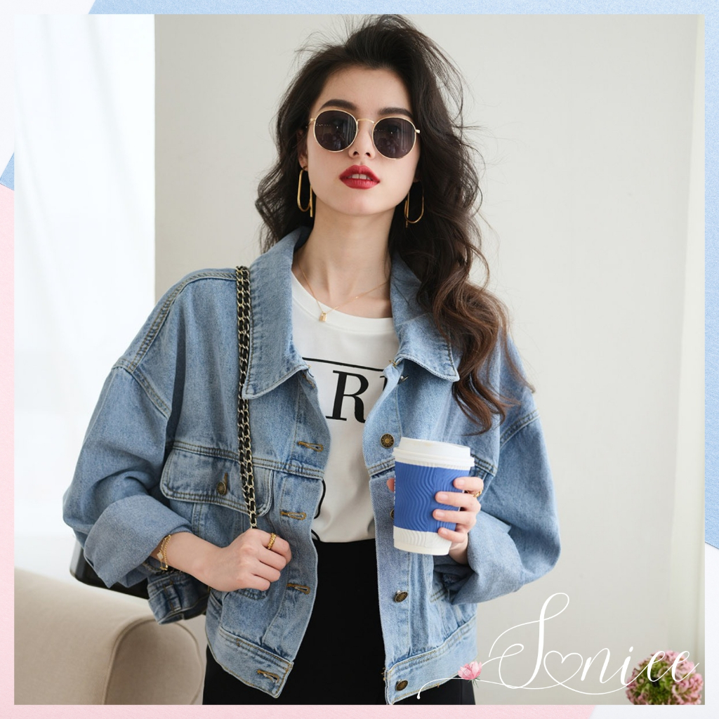 Áo khoác bò jean SanieeClothes áo khoác croptop denim lửng, jean nữ vải bò dày màu wax hàng Quảng Châu cao cấp