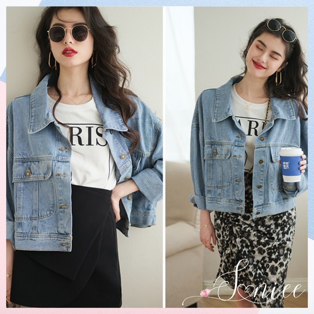 Áo khoác bò jean SanieeClothes áo khoác croptop denim lửng, jean nữ vải bò dày màu wax hàng Quảng Châu cao cấp