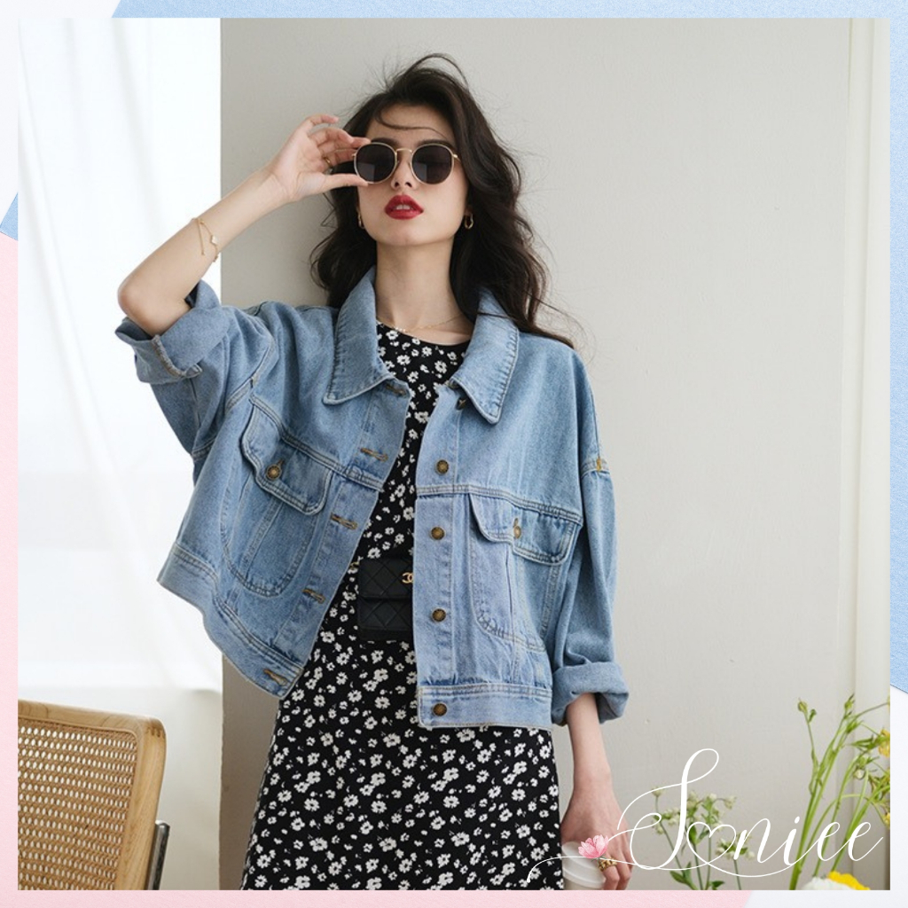 Áo khoác bò jean SanieeClothes áo khoác croptop denim lửng, jean nữ vải bò dày màu wax hàng Quảng Châu cao cấp