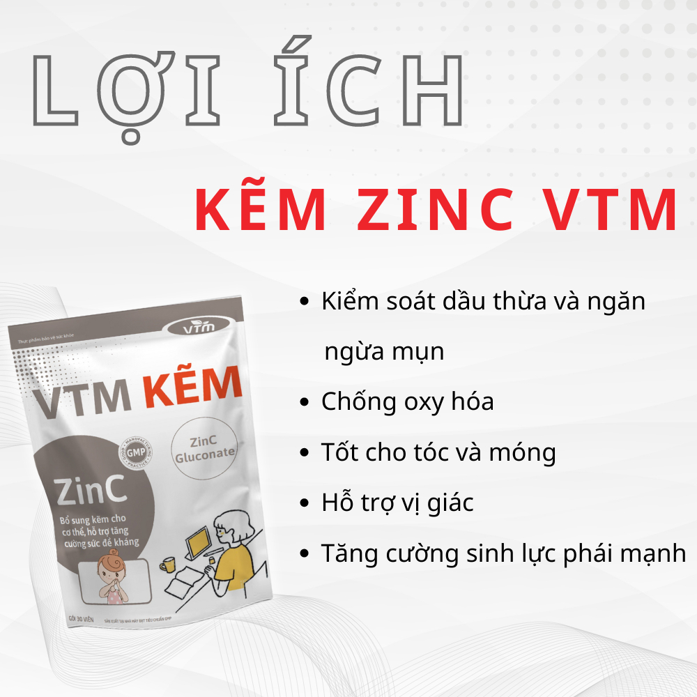 Viên uống bổ sung Kẽm ZinC VTM hỗ trợ tăng cường đề kháng, miễn dịch gói 30 viên - 30 ngày