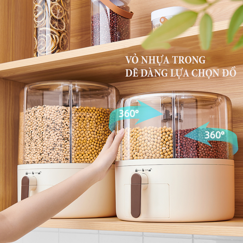 Thùng đựng gạo, thực phẩm khô, các loại hạt nhỏ và to 6 ngăn 360* - Hàng nội địa cao cấp ECOCO E2332, E2333