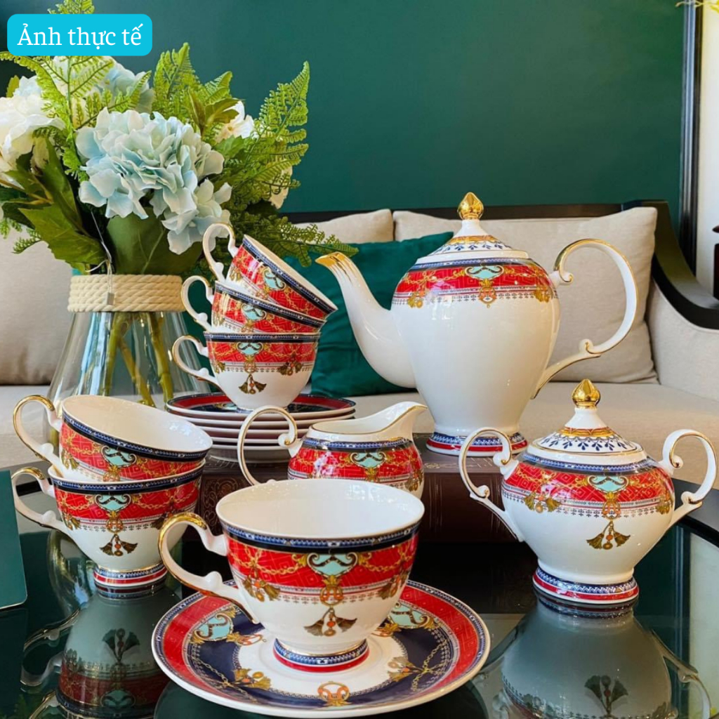 Ảnh thực tế - Bộ tách trà sứ xương Anh Quốc, ấm chén nhập khẩu cao cấp, Tặng 6 thìa đồng mạ vàng, Mã GS06