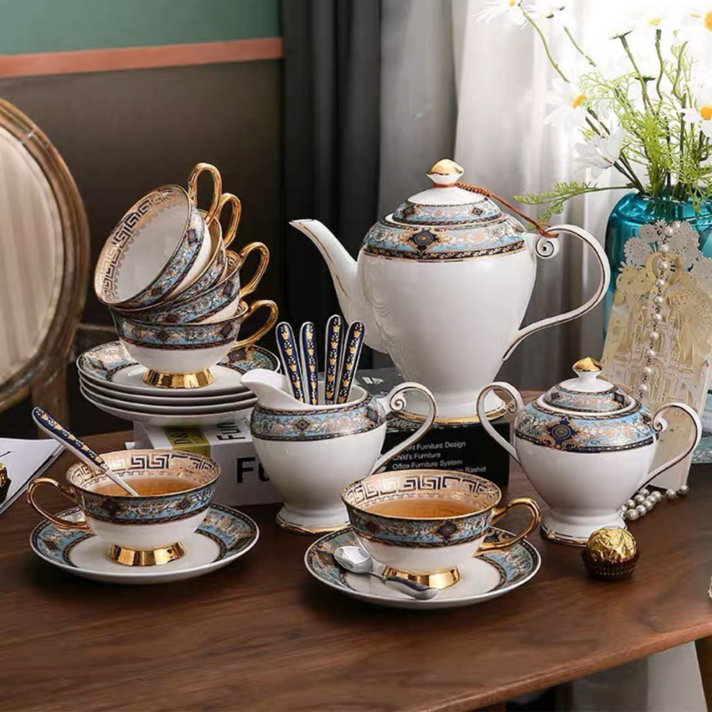 Bộ tách trà sứ xương Cổ điển, ấm chén cao cấp, tặng 6 thìa đồng mạ vàng, hộp quà sang trọng, Mã GS32