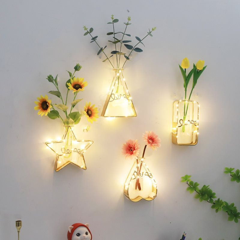 Kệ Hoa Để Bàn, Kệ Hoa Treo Tường Khung Kim Loại Kèm Bình Thủy Tinh Cắm Hoa, Trồng Cây Thủy Sinh Decor YKA
